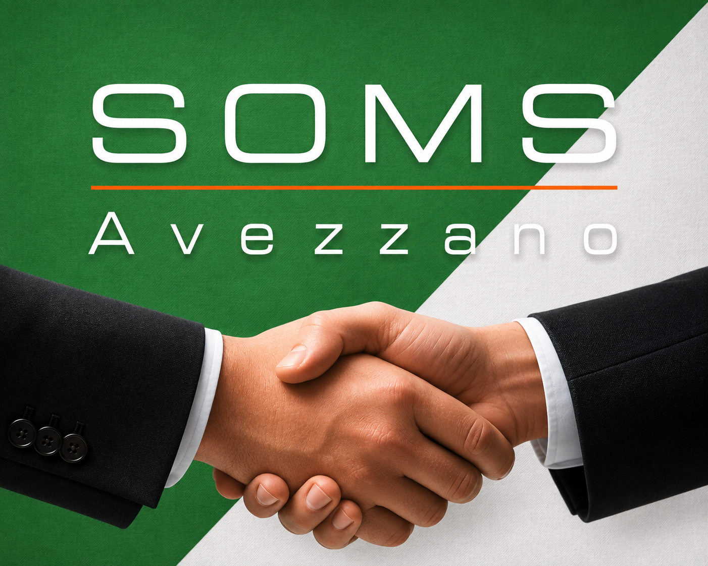 Logo SOMS Avezzano su fondo verde e bianco, con due mani che si stringono